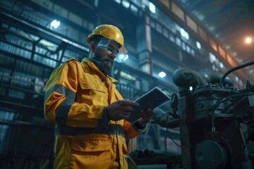 Poster - A man in a yellow work suit looking at a tablet. Suitable for technology concepts