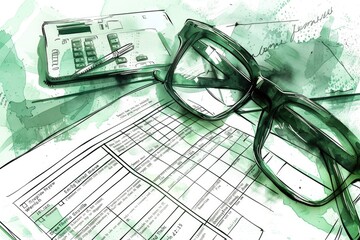 Aufkleber - Glasses and calculator placed on a table, suitable for business or education concepts