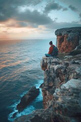 Poster - A man sitting on the edge of a cliff overlooking the ocean. Suitable for travel and adventure concepts