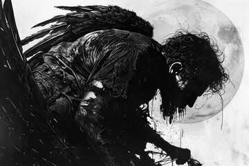 Poster - A striking black and white image of a man with wings. Suitable for various creative projects