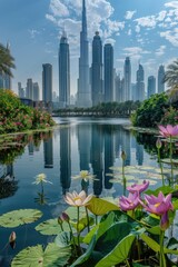 Poster - Urban skyline reflected in serene pond, ideal for cityscape themes