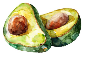 Poster - Close-up painting of two avocados cut in half. Ideal for food blogs or healthy eating articles