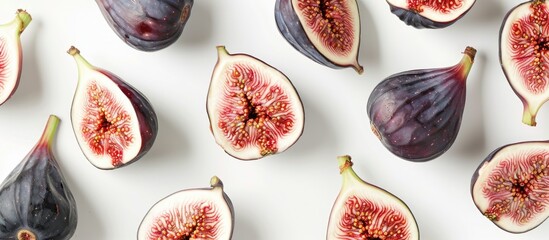 Wall Mural - An artistic arrangement of whole and sliced figs on a white background, captured in a rectangular frame. Overhead view with space for text.