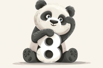 Poster - A black and white panda bear holding a number eight. Suitable for educational materials