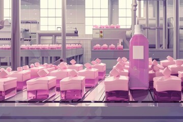 Sticker - Image of a conveyor belt filled with pink boxes and bottles. Suitable for manufacturing or packaging concepts