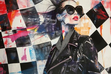 Aufkleber - A stylish woman wearing sunglasses and a leather jacket. Ideal for fashion or urban lifestyle concepts