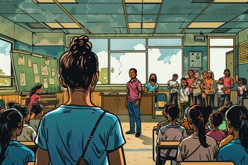 Poster - Group of people standing in front of a classroom. Suitable for educational concepts