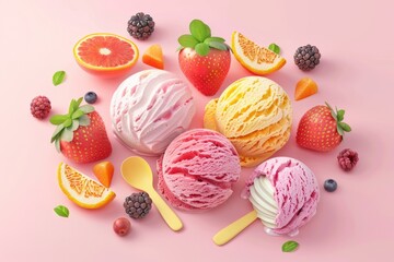 Sticker - Colorful ice creams and fresh fruit on a pink background. Perfect for summer themed designs