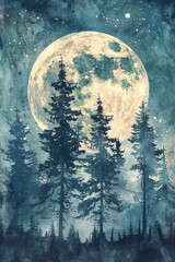 Aufkleber - A painting of a full moon shining in a dark forest. Suitable for nature and fantasy themes