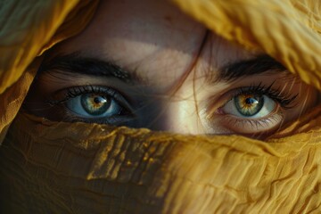 Poster - Close up of a person's eyes wearing a yellow scarf, suitable for fashion or beauty concepts