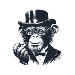 Sticker - The victorian chimpanze. Black white vector logo illustration. 