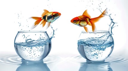 Wall Mural - Two Goldfish Leaping Towards Freedom from Water Bowls. Concept of Aspiration and Change. High-Speed Photography. Perfect for Background or Art Projects. AI