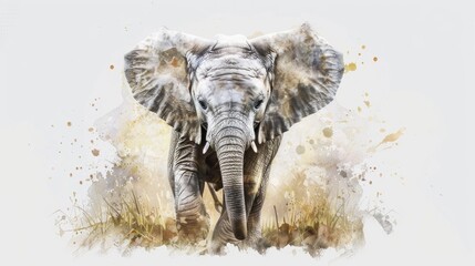 Poster - Realistic watercolor painting of an elephant in its natural habitat. Suitable for wildlife enthusiasts and nature lovers