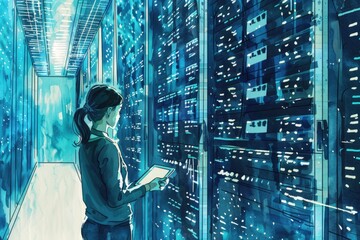 A woman standing in a server room looking at a tablet. Ideal for technology and business concepts