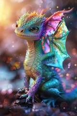 Poster - A vibrant dragon perched on a rocky mound, suitable for fantasy themes