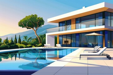 Aufkleber - A luxurious house with a swimming pool and lounge chairs. Perfect for real estate or travel concepts