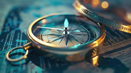 Poster - A close up of a compass on a map. Suitable for travel and exploration concepts