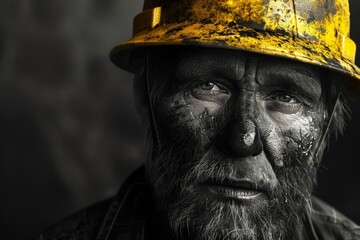 Wall Mural - A black and white photo of a man wearing a hard hat. Perfect for construction or industrial concepts