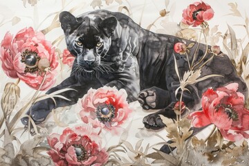 Poster - Majestic black panther surrounded by colorful flowers, suitable for nature or wildlife themes