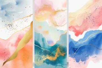 Aufkleber - Set of four abstract paintings in gold and blue colors. Perfect for art enthusiasts and interior designers