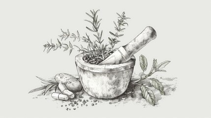 Poster - A mortar filled with various herbs and spices, perfect for cooking recipes