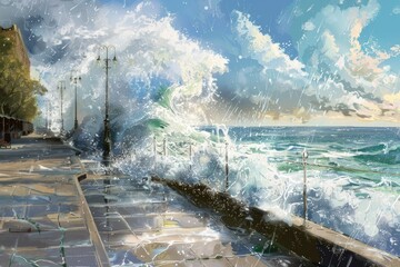 Poster - A person walking on a sidewalk by the ocean. Suitable for travel websites