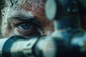 Poster - A close up of a person holding a rifle. Suitable for military or hunting themes