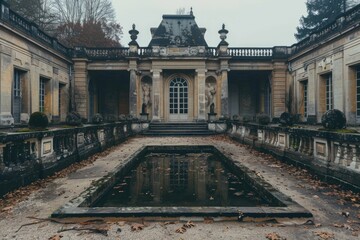 Aufkleber - A large building with a pool in front of it. Suitable for real estate and travel concepts