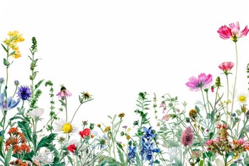 Poster - A vibrant field of wildflowers on a clean white background. Perfect for nature-themed designs