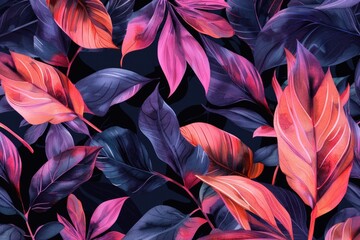 Poster - Vibrant purple and red leaves on a dark black background. Perfect for autumn and nature themed designs