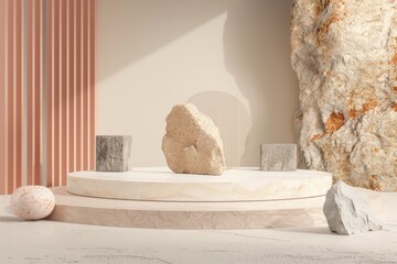 Poster - A large rock sitting on top of a white platform. Suitable for various concepts and designs