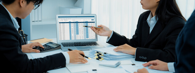 Poster - corporate accountant team use accounting software on laptop to calculate and maximize tax refund and