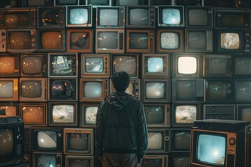 Aufkleber - A man standing in front of a wall of televisions. Suitable for technology and surveillance concepts