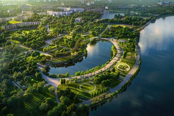 Aufkleber - Aerial view of a peaceful park with a beautiful lake. Perfect for nature and outdoor themed designs