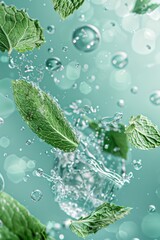 Aufkleber - Fresh mint leaves dropping into a glass of water. Perfect for refreshing drink concepts