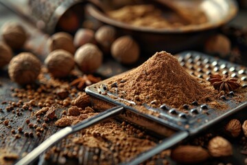 Poster - Nutmeal on top of a metal grater, perfect for food preparation concepts
