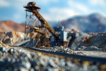 Poster - Close up of train track with mountain in background. Suitable for transportation and travel concepts