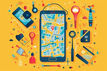 Poster - A modern smartphone displaying a map surrounded by various gadgets. Perfect for technology and travel concepts