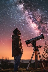 Poster - A man using a telescope to gaze at the stars, ideal for educational purposes