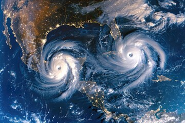 a satellite view of two swirling clouds over the earth. suitable for weather or climate-related proj