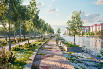 Poster - Scenic view of park with benches and trees by river. Suitable for outdoor and nature concepts