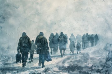 Poster - A group of people walking in the snow. Suitable for winter and outdoor activities concepts