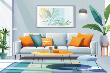 Poster - A modern living room with comfortable seating and greenery. Suitable for interior design concepts