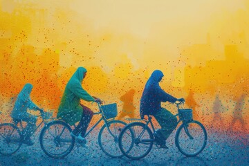 Poster - Group of people riding bikes in the rain. Ideal for outdoor sports and weather-related concepts