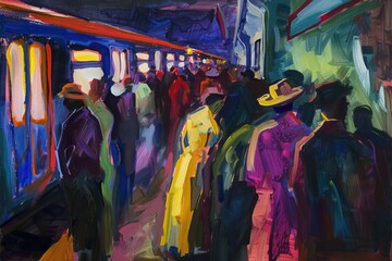 Aufkleber - A painting of people waiting at a train station. Suitable for transportation and travel themes