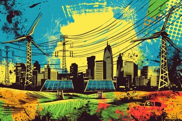 Poster - A city skyline featuring wind turbines. Ideal for environmental concepts