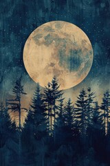Aufkleber - A painting of a full moon shining over a peaceful forest. Suitable for nature or nighttime themes