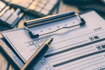 Poster - A pen and a calculator sitting on top of a table. Suitable for office or education concepts