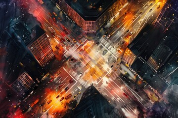 Poster - A stunning aerial view of a city at night. Perfect for urban landscapes or travel websites
