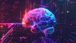 Digital brain concept illustration with neon lights on a dark background.